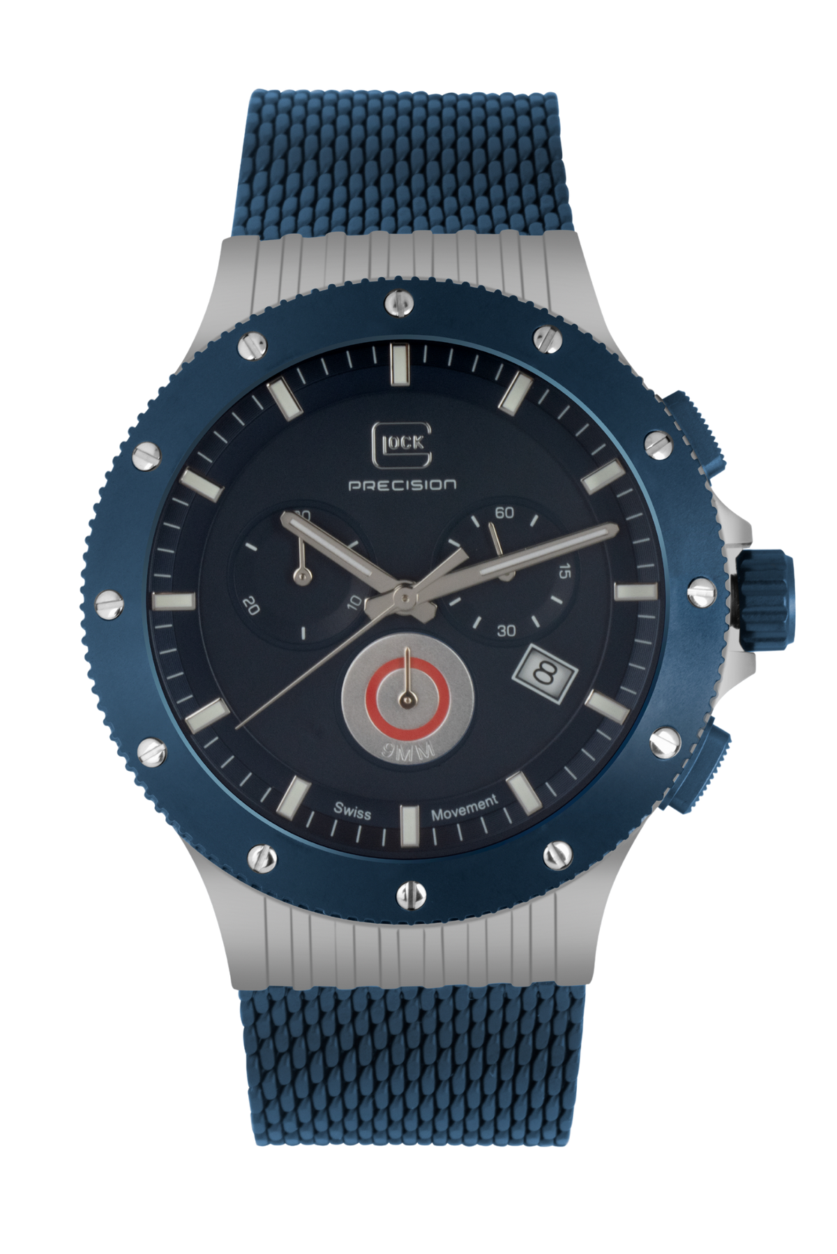 GLOCK titanium chronograph with blue dial and blue mesh strap, front view