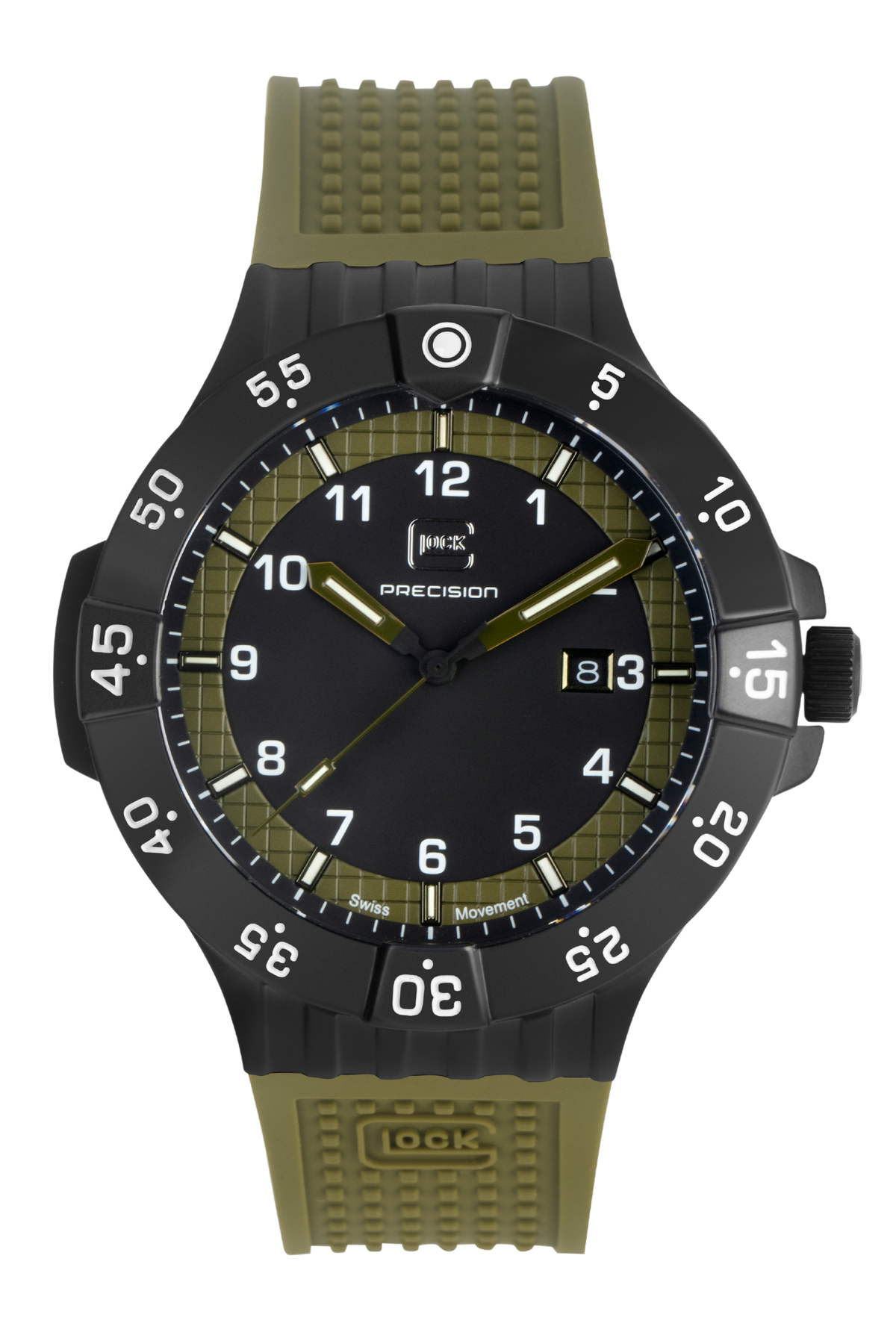 GLOCK tritium watch in gunmetal steel with black and army green dial, front view