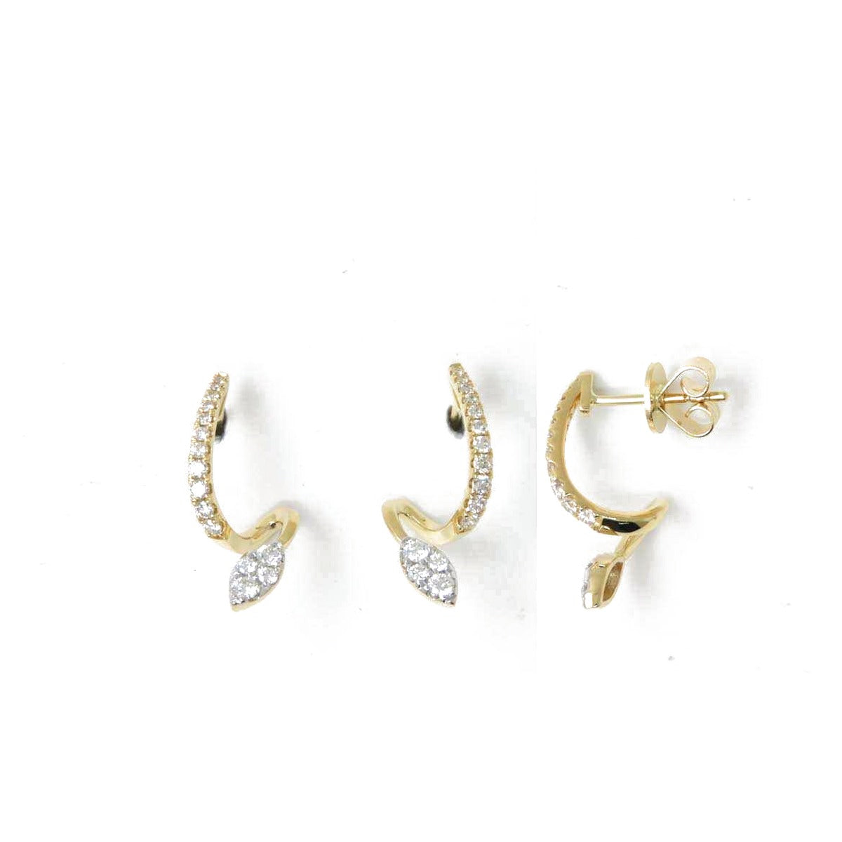 Diamond Leaf J-Hoop Earrings in 14K Yellow Gold, 0.34 ctw
