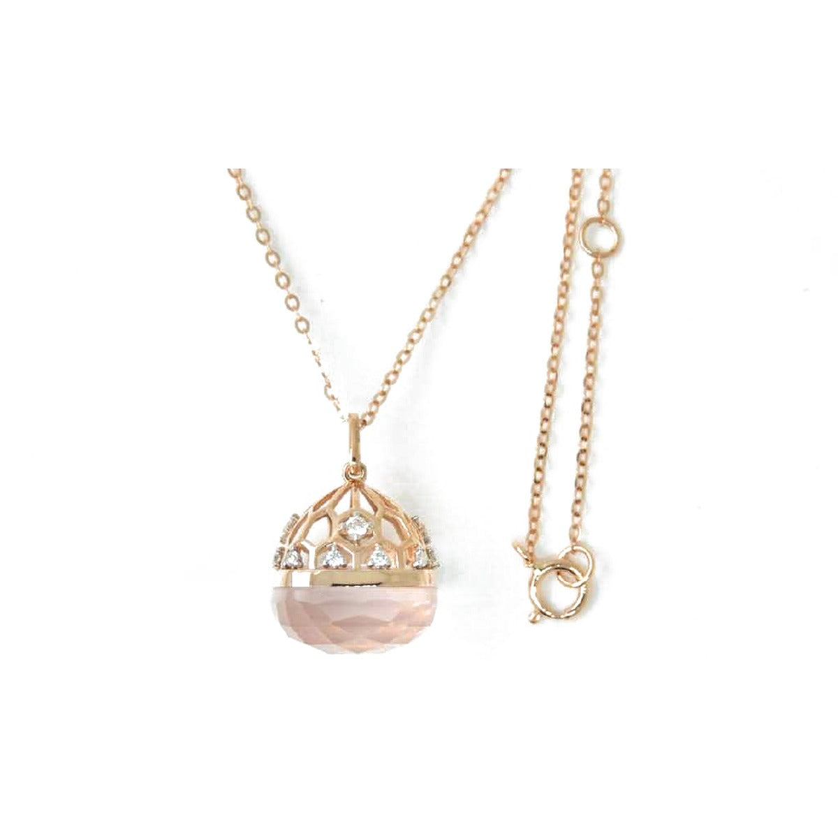 Rose Quartz & Diamond Dome Pendant in 14K Rose Gold