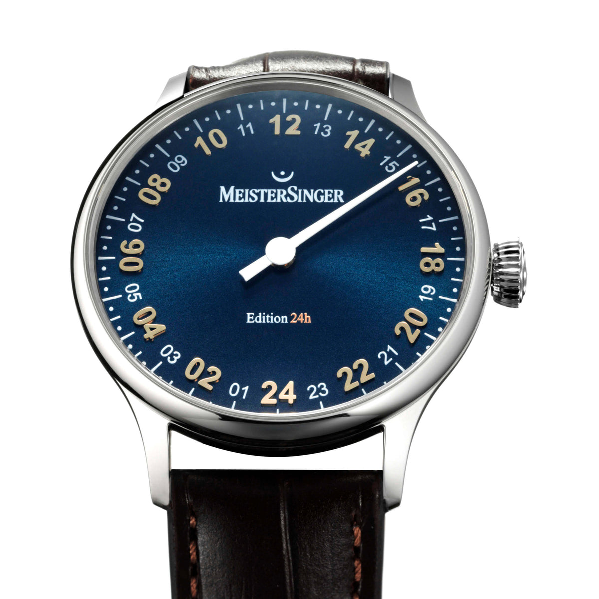 MeisterSinger 24H Edition with steel blue dial and gold 24-hour numerals, shown on dark brown leather strap, angle view