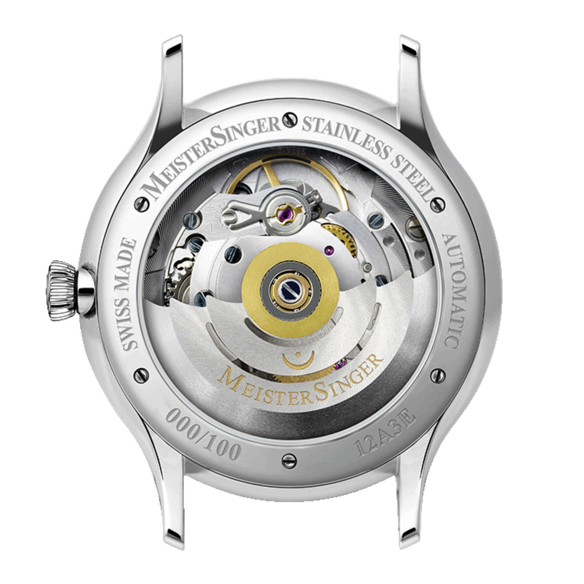 MeisterSinger 24H Edition exhibition case back showing the automatic movement and edition number