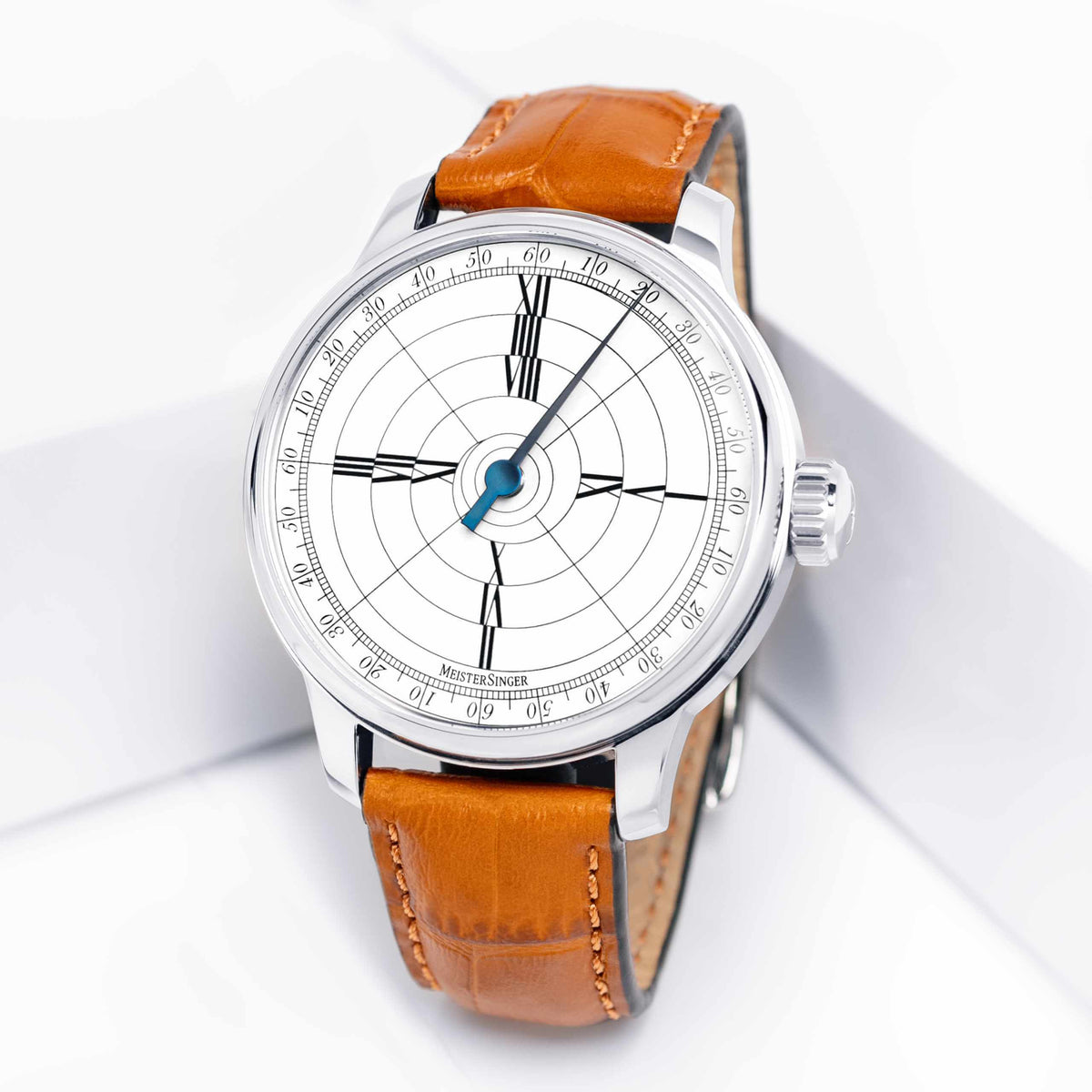 MeisterSinger Benjamin Franklin Edition with white quadrant dial and cognac croco-print strap, angle view