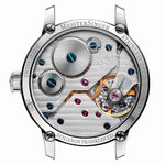 MeisterSinger Benjamin Franklin Edition exhibition case back showing the hand-wound Unitas 6498 movement with Geneva stripes and blued screws