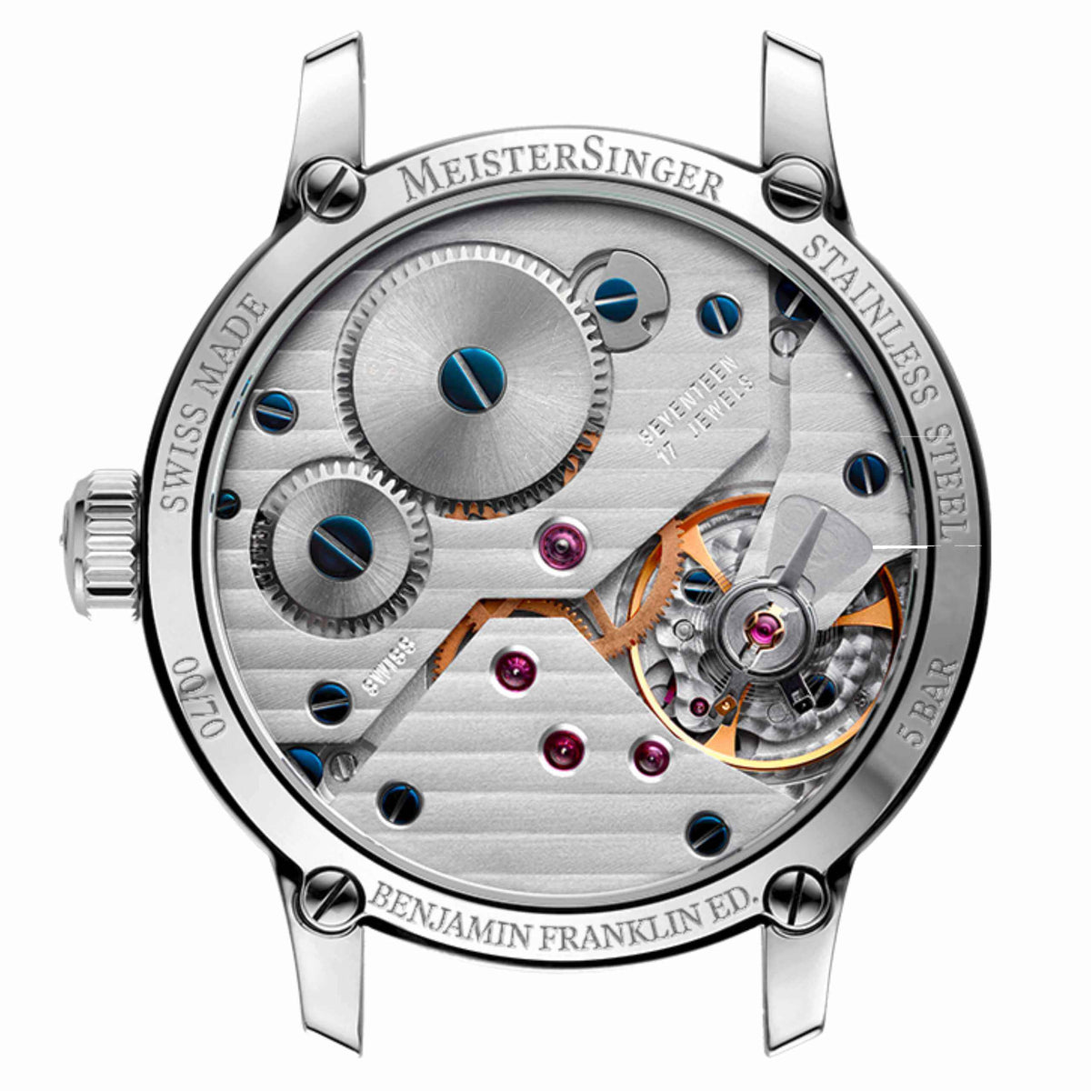 MeisterSinger Benjamin Franklin Edition exhibition case back showing the hand-wound Unitas 6498 movement with Geneva stripes and blued screws