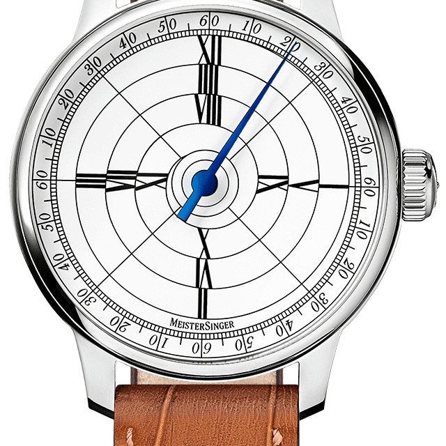 MeisterSinger Benjamin Franklin Edition 4-hour watch with white quadrant dial, blued hand and cognac leather strap, front view