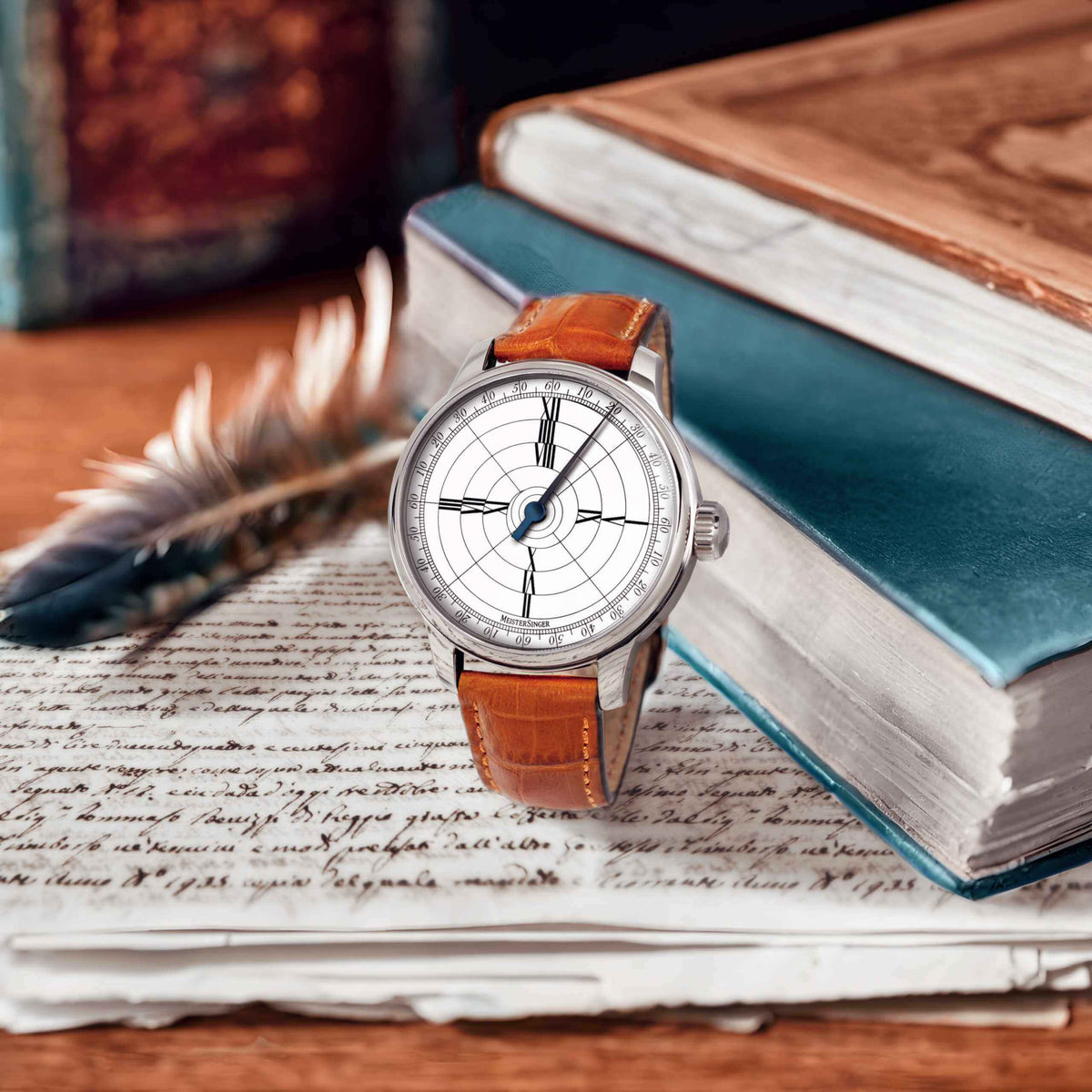 MeisterSinger Benjamin Franklin Edition with antique books, quill and handwritten letters, lifestyle view