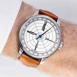 MeisterSinger Benjamin Franklin Edition with white dial and cognac leather strap, on the wrist