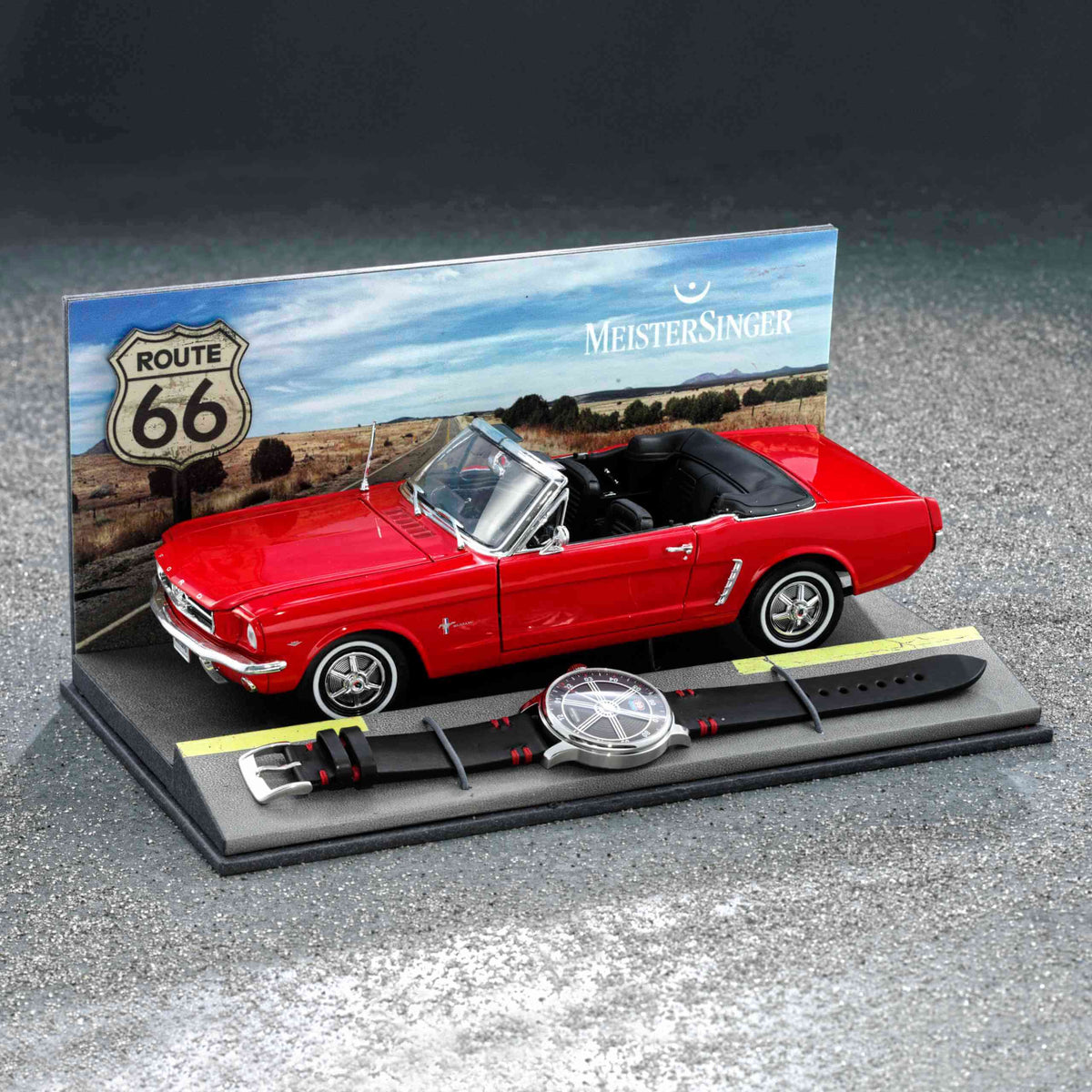MeisterSinger Edition Route 66 presentation box with the watch and 1:18-scale red Ford Mustang Convertible model