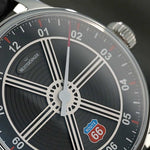 MeisterSinger Edition Route 66 dial close-up showing the silver-white spokes, concentric engraving and Route 66 emblem