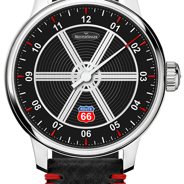 MeisterSinger Edition Route 66 single-hand watch with black Mustang-wheel dial and black leather strap with red accents, front view