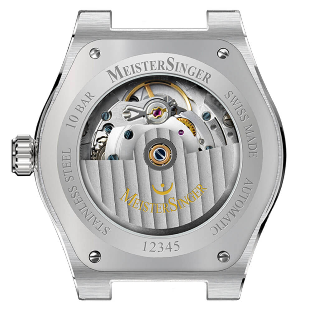 Case back of the MeisterSinger Kaenos showing the automatic movement