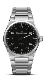 MeisterSinger Kaenos with black luminous dial and integrated steel bracelet, front view