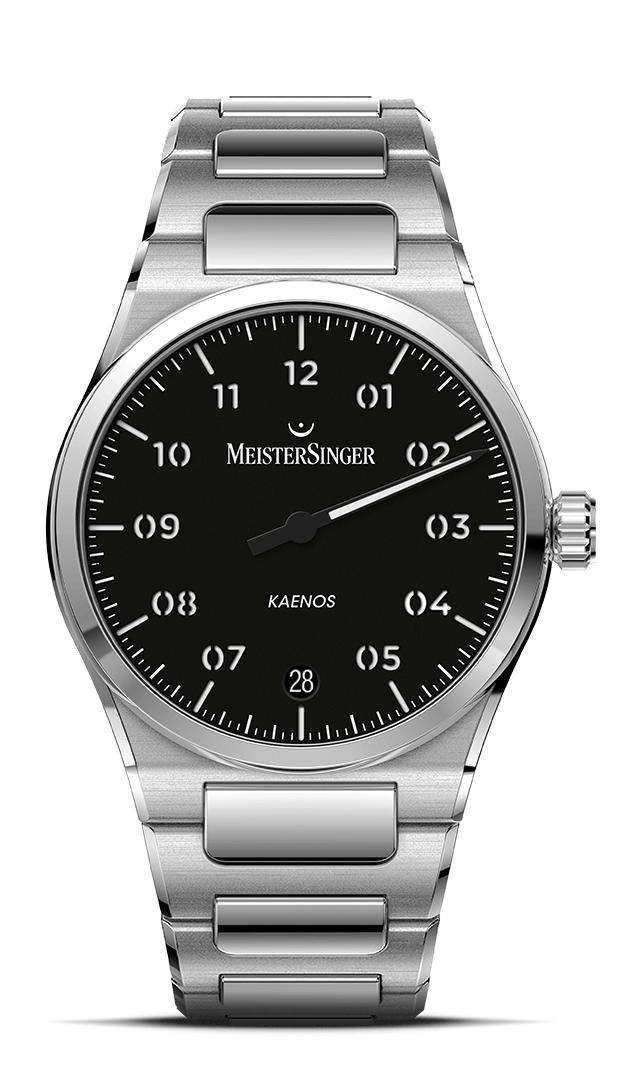 MeisterSinger Kaenos with black luminous dial and integrated steel bracelet, front view