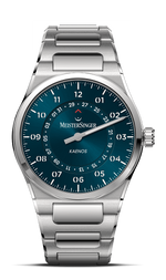 MeisterSinger Kaenos Open Date with petrol sunburst dial and steel bracelet, front view