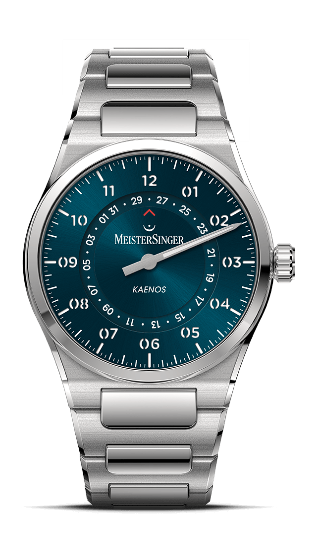 MeisterSinger Kaenos Open Date with petrol sunburst dial and steel bracelet, front view