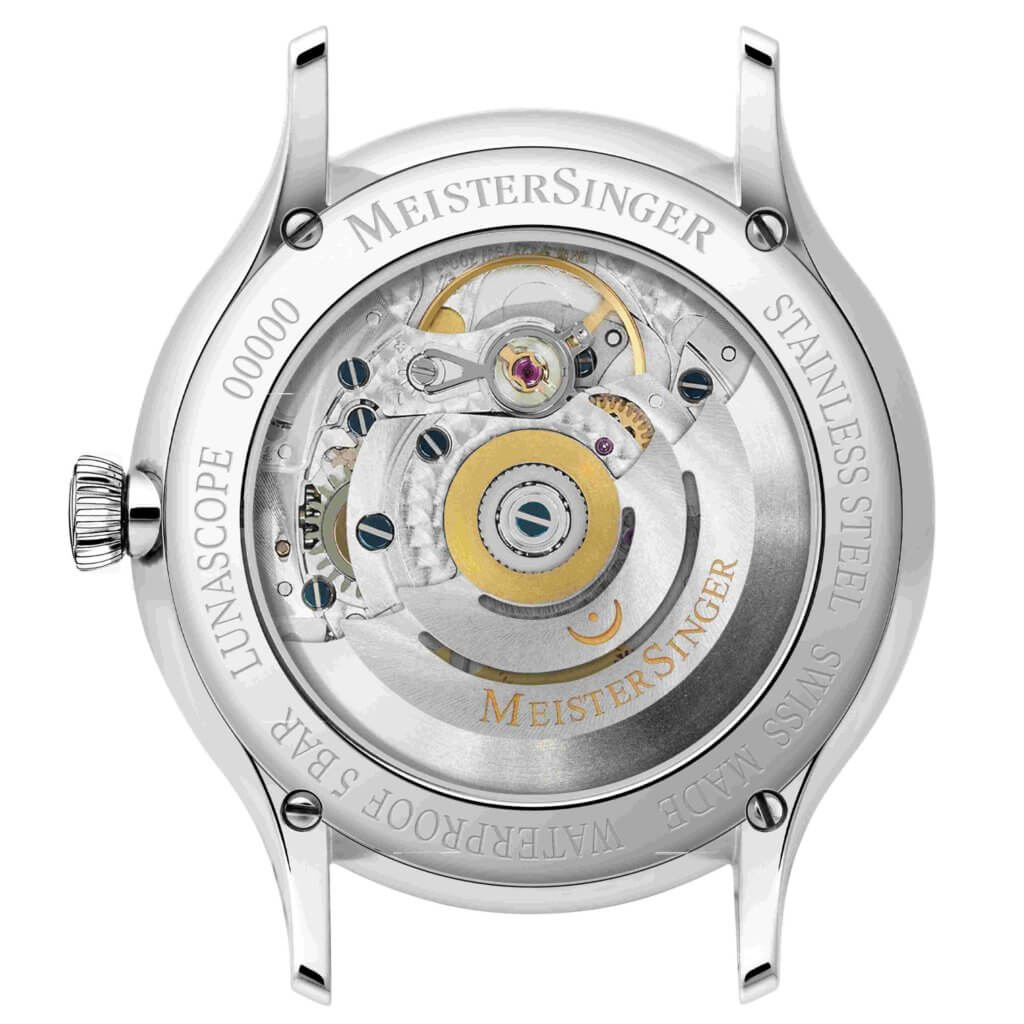 MeisterSinger Lunascope exhibition case back showing the automatic movement