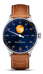 MeisterSinger Lunascope with sunburst blue dial, golden moon phase and cognac leather strap, front view
