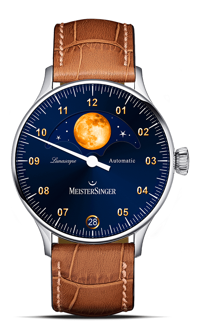 MeisterSinger Lunascope with sunburst blue dial, golden moon phase and cognac leather strap, front view
