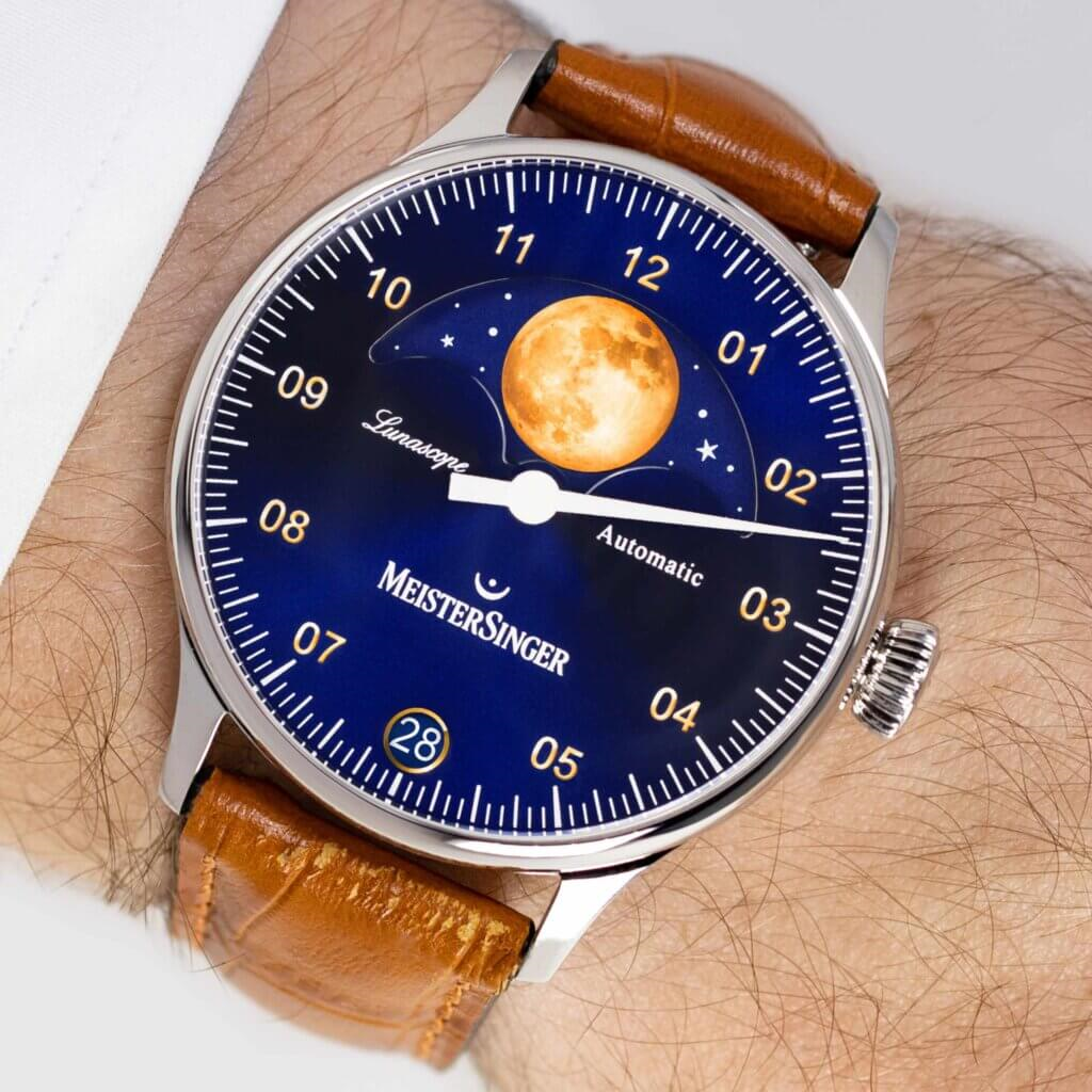 MeisterSinger Lunascope worn on the wrist