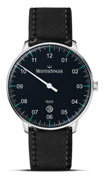 MeisterSinger Neo Plus single-hand watch with black dial and black leather strap, front view