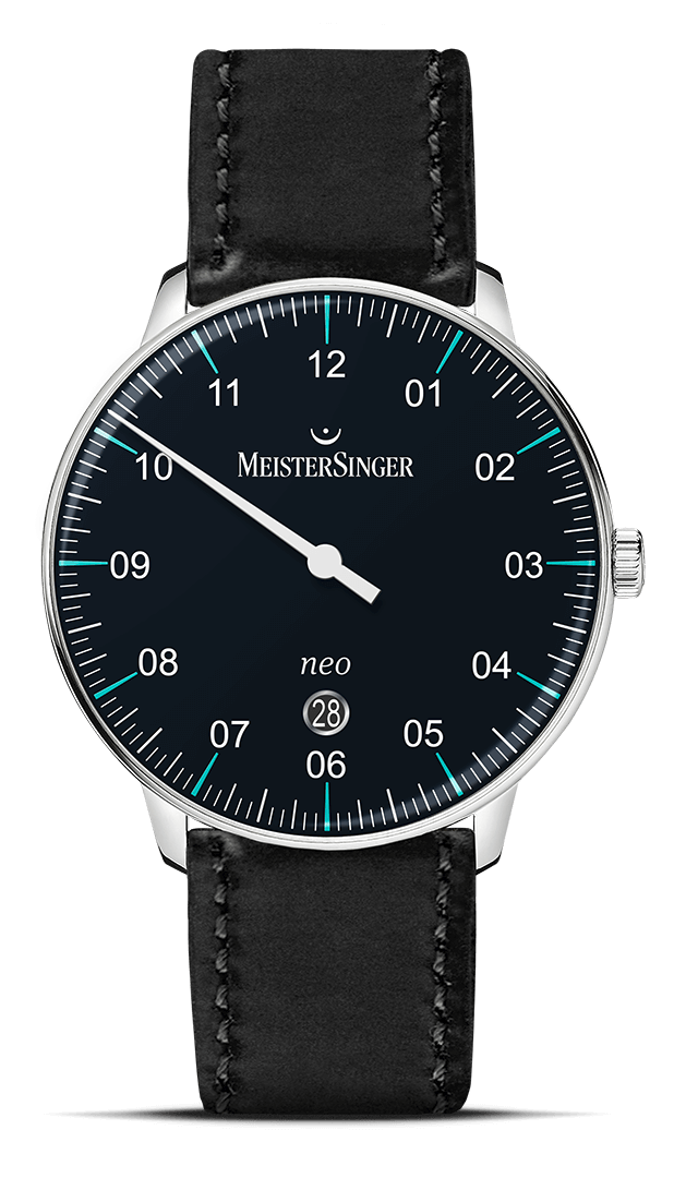 MeisterSinger Neo Plus single-hand watch with black dial and black leather strap, front view