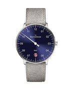 MeisterSinger Neo 36mm single-hand watch with sunburst blue dial and cognac leather strap, front view