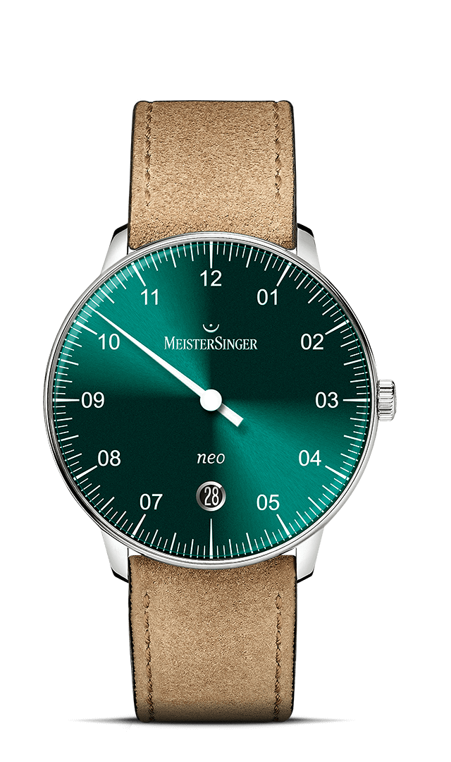 MeisterSinger Neo 36mm single-hand watch with sunburst green dial and beige leather strap, front view