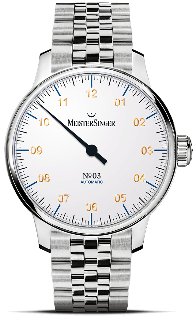 MeisterSinger No. 03 shown on the optional stainless steel bracelet