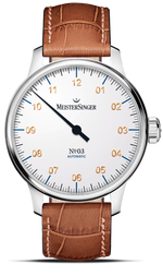 MeisterSinger No. 03 with glossy white single-hand dial and brown leather strap, front view