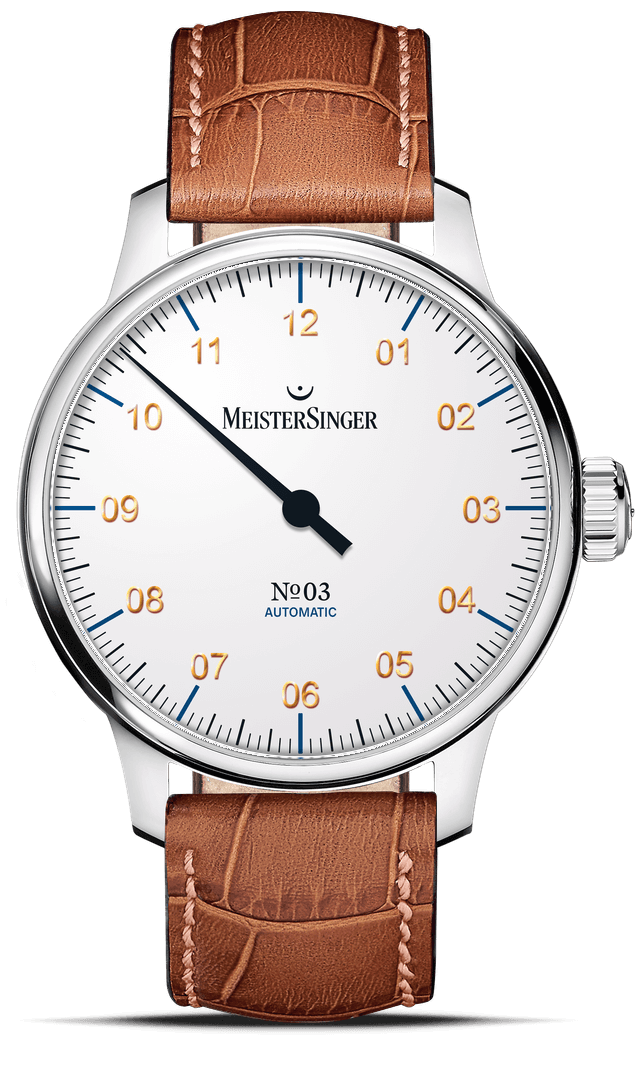 MeisterSinger No. 03 with glossy white single-hand dial and brown leather strap, front view