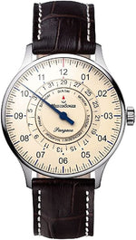 MeisterSinger Pangaea Day Date with ivory dial, single hand and brown leather strap, front view