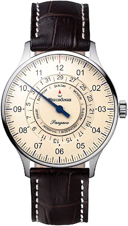 MeisterSinger Pangaea Day Date with ivory dial, single hand and brown leather strap, front view