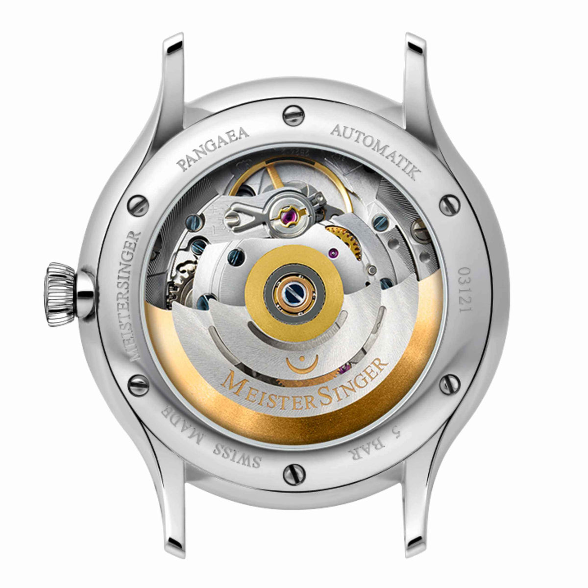 MeisterSinger Pangaea Day Date exhibition case back showing the automatic movement