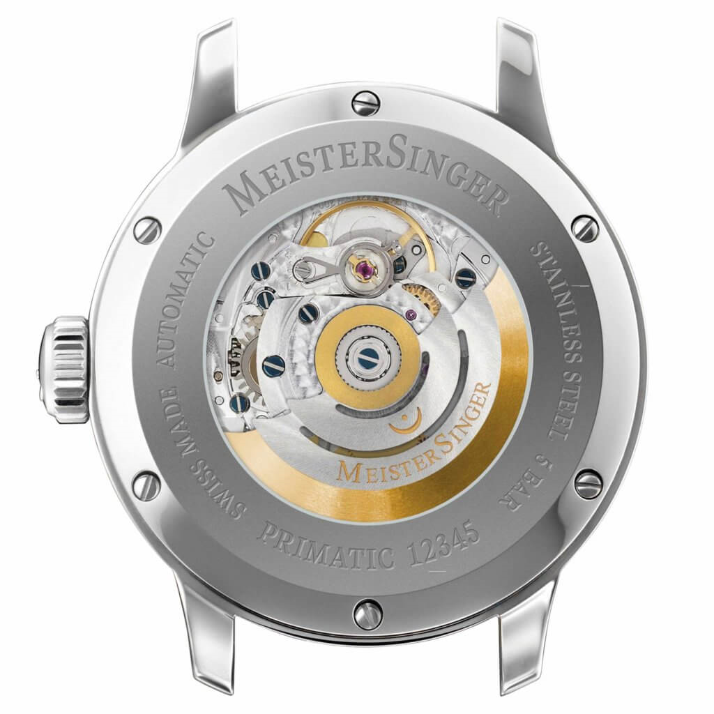 Exhibition case back of the MeisterSinger Primatic showing the automatic movement