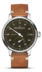 MeisterSinger Primatic with black single-hand dial and leather strap, front view