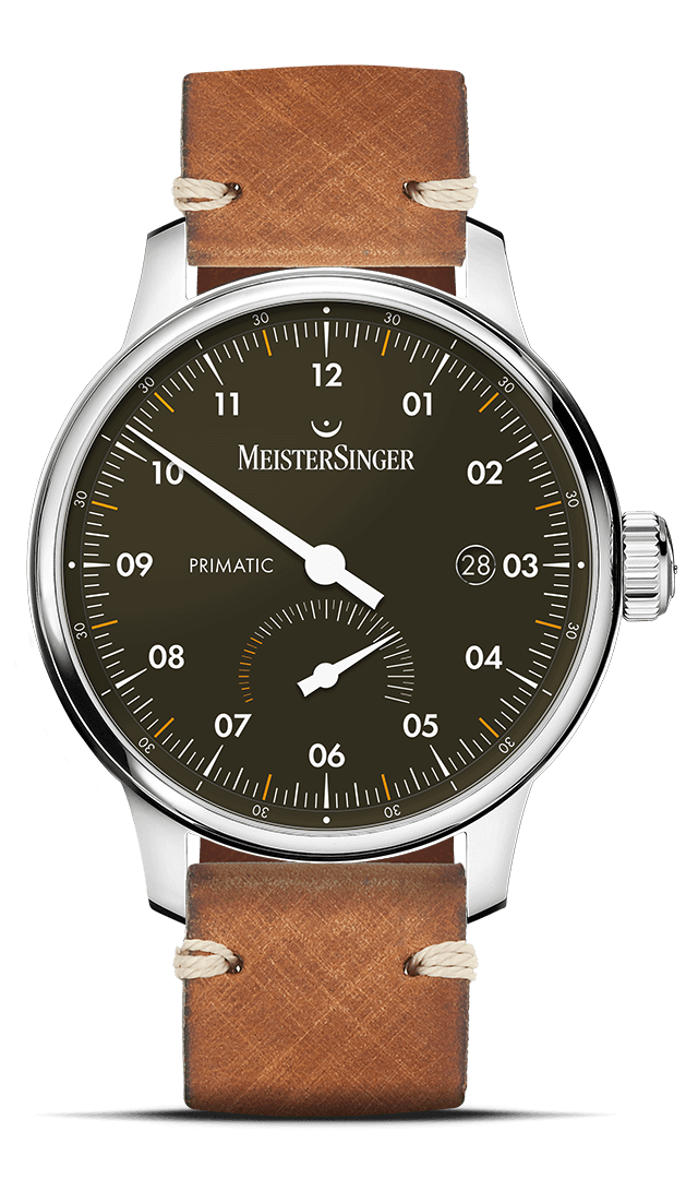 MeisterSinger Primatic with black single-hand dial and leather strap, front view