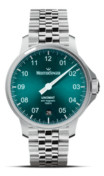 MeisterSinger Unomat with petrol dial, single hand and steel bracelet, front view