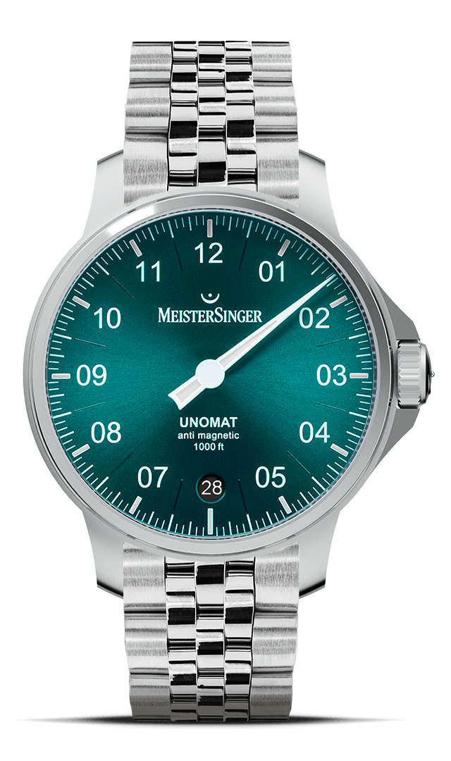 MeisterSinger Unomat with petrol dial, single hand and steel bracelet, front view