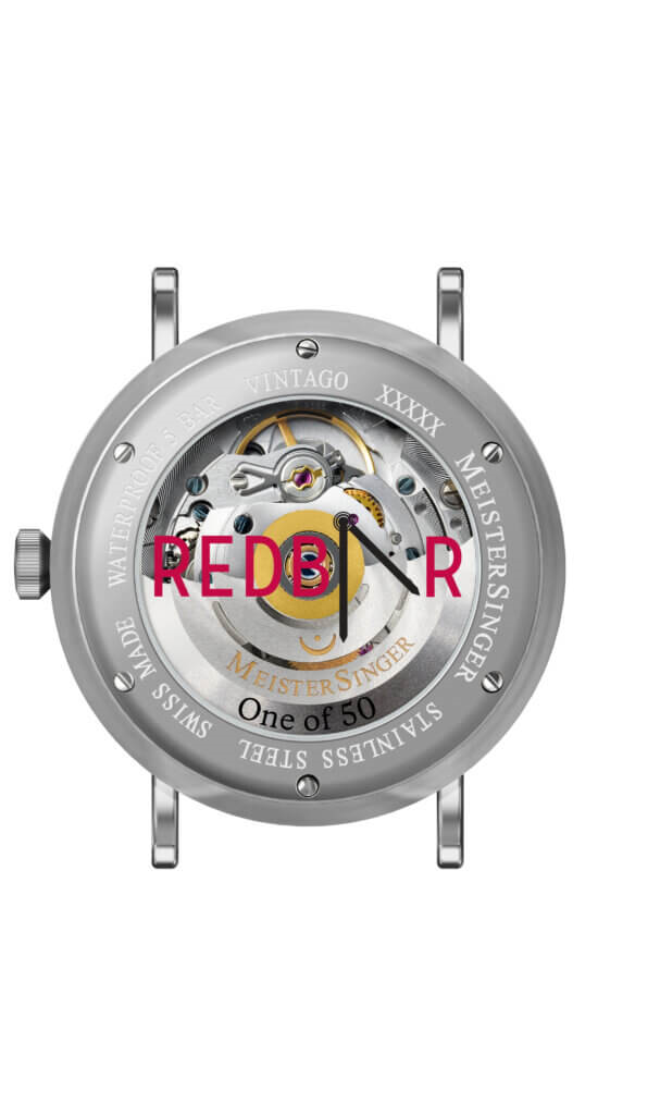 MeisterSinger Vintago Edition RedBar exhibition case back with RedBar logo