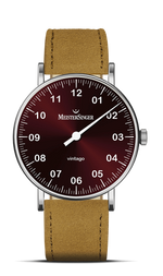 MeisterSinger Vintago Edition RedBar with wine-red dial and cognac velour strap, front view