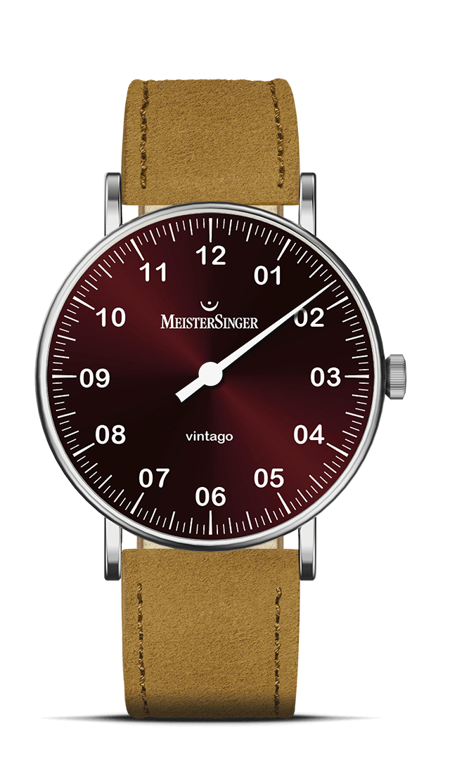 MeisterSinger Vintago Edition RedBar with wine-red dial and cognac velour strap, front view