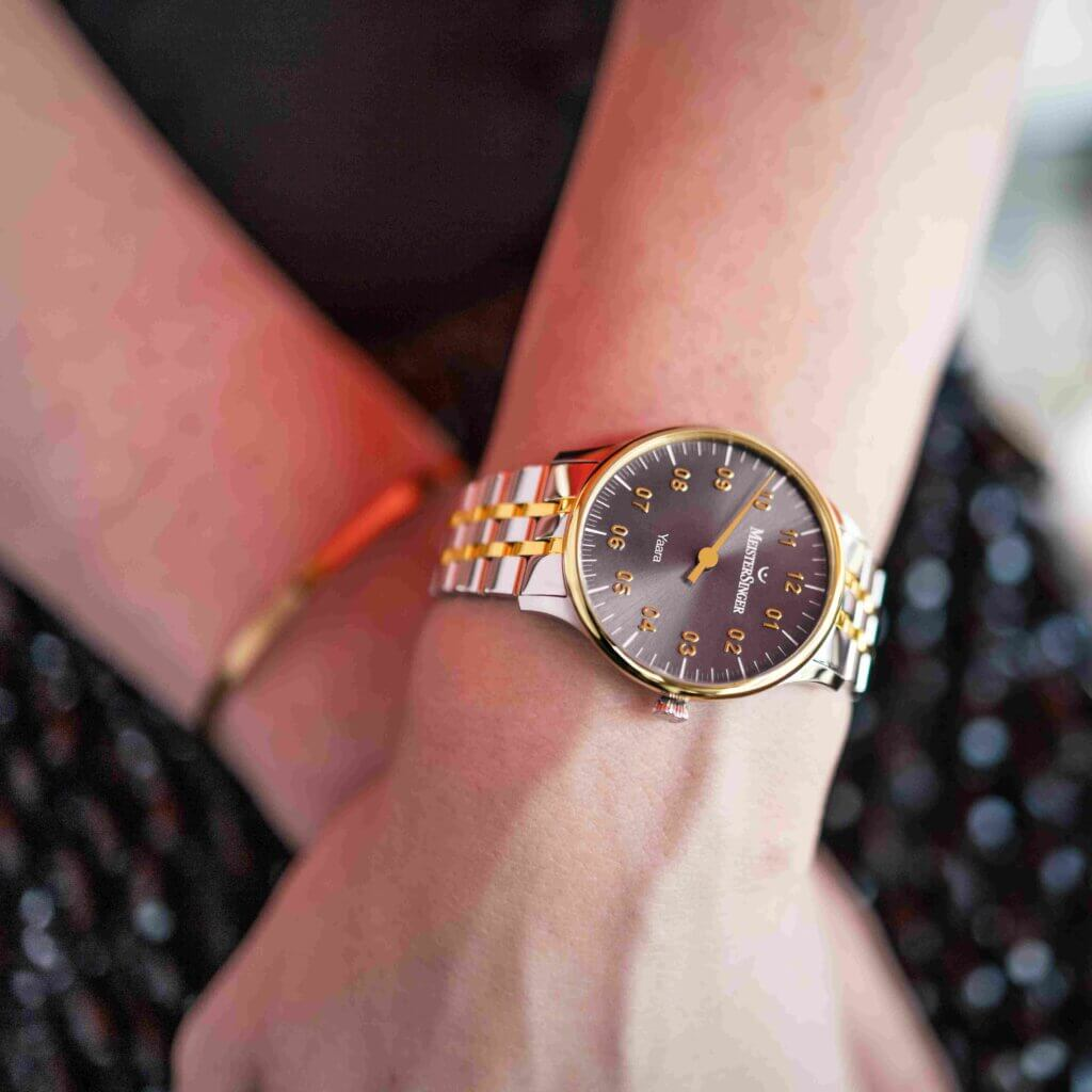 MeisterSinger Yaara two-tone on the wrist with a bracelet