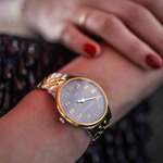 MeisterSinger Yaara two-tone on the wrist, close-up