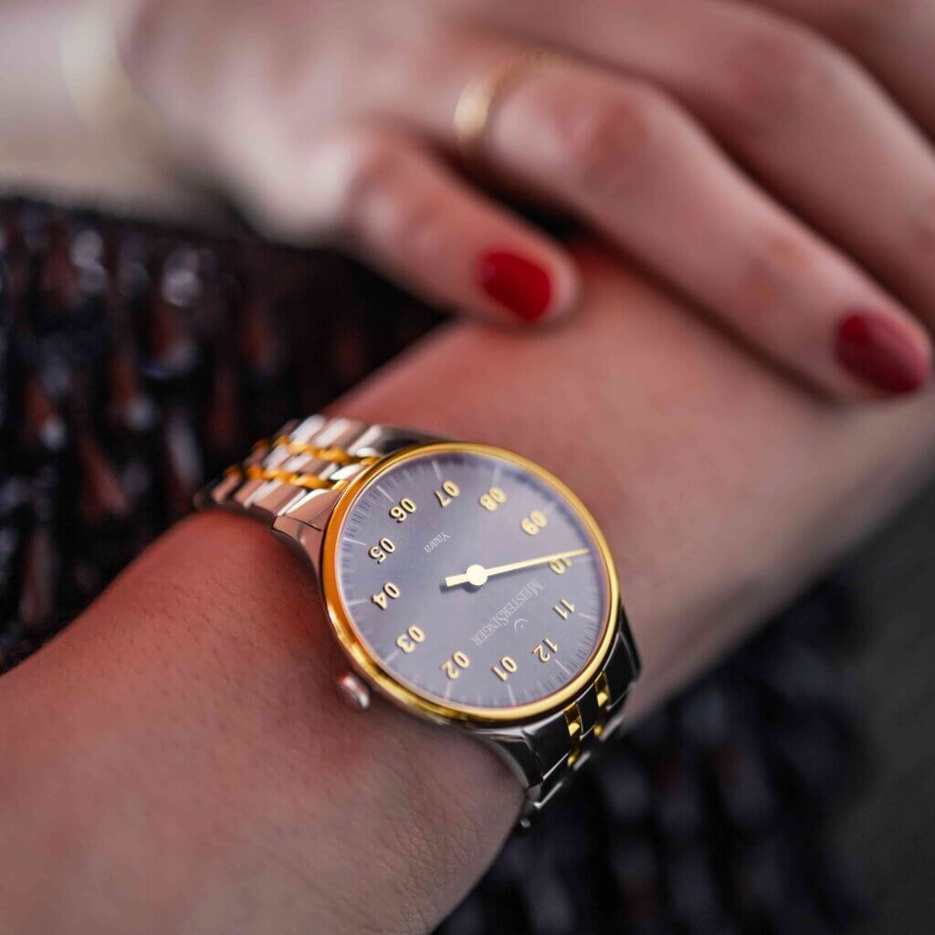 MeisterSinger Yaara two-tone on the wrist, close-up
