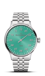 MeisterSinger Yaara women's watch with mint sunburst dial and steel bracelet, front view