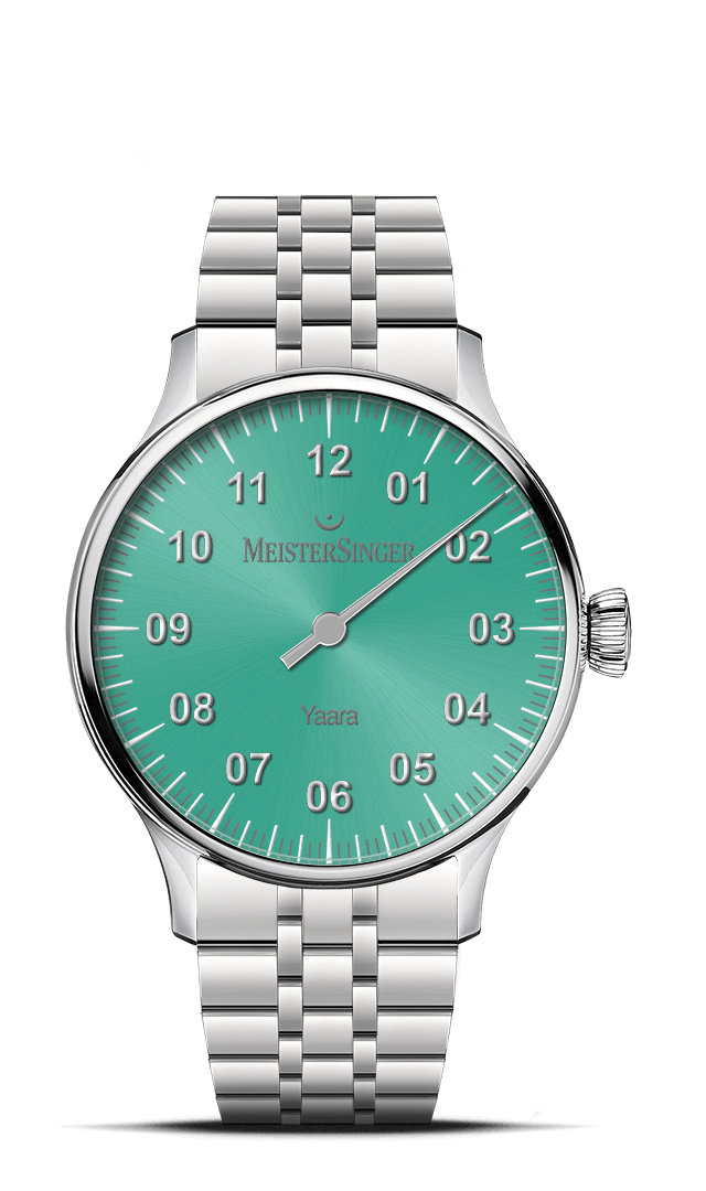 MeisterSinger Yaara women's watch with mint sunburst dial and steel bracelet, front view
