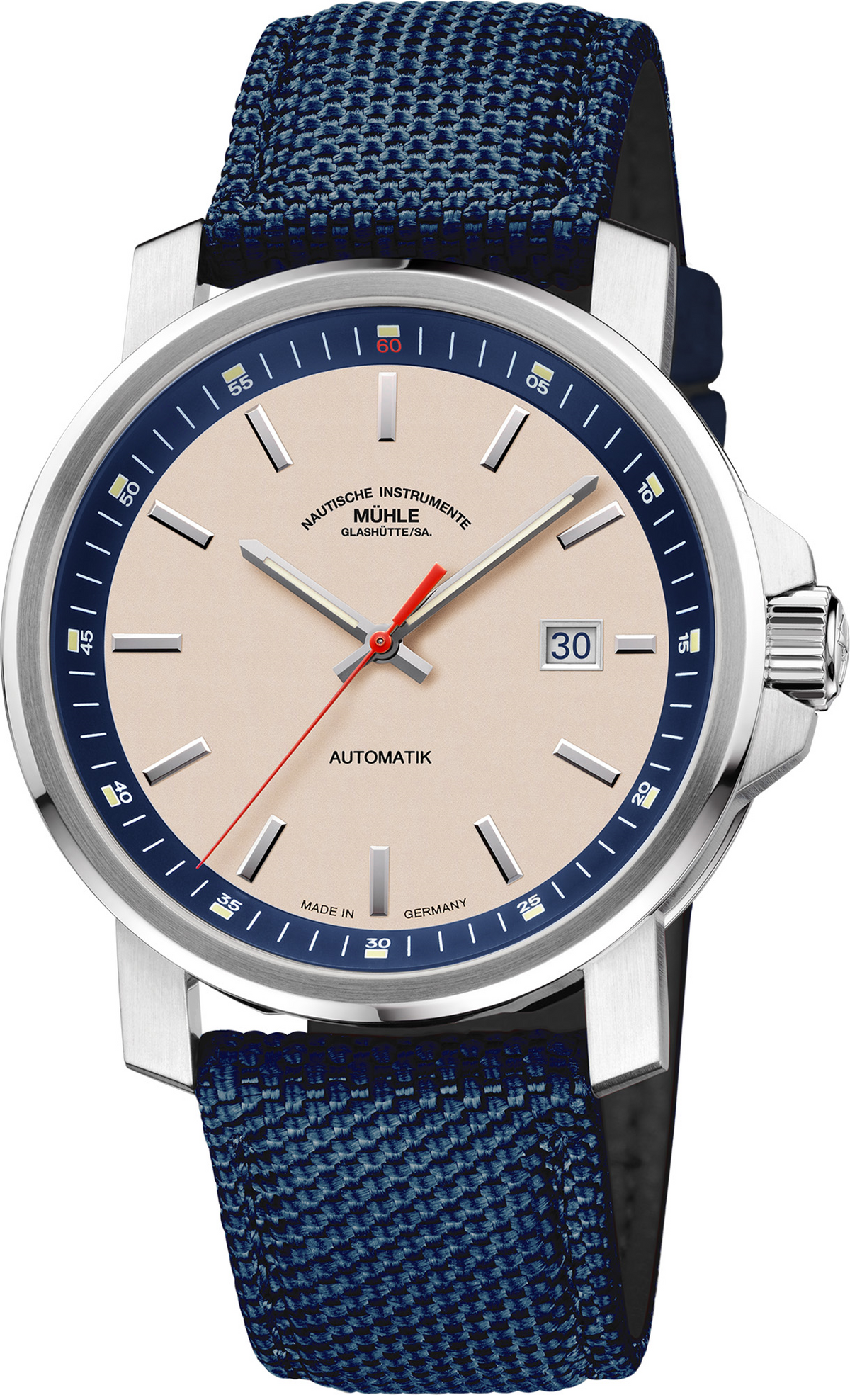 Mühle-Glashütte 29er Big with sand dial, blue chapter ring and blue strap, front view