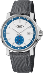 Mühle-Glashütte 29er Big Small Second with stone white and petrol dial on grey canvas strap, front view