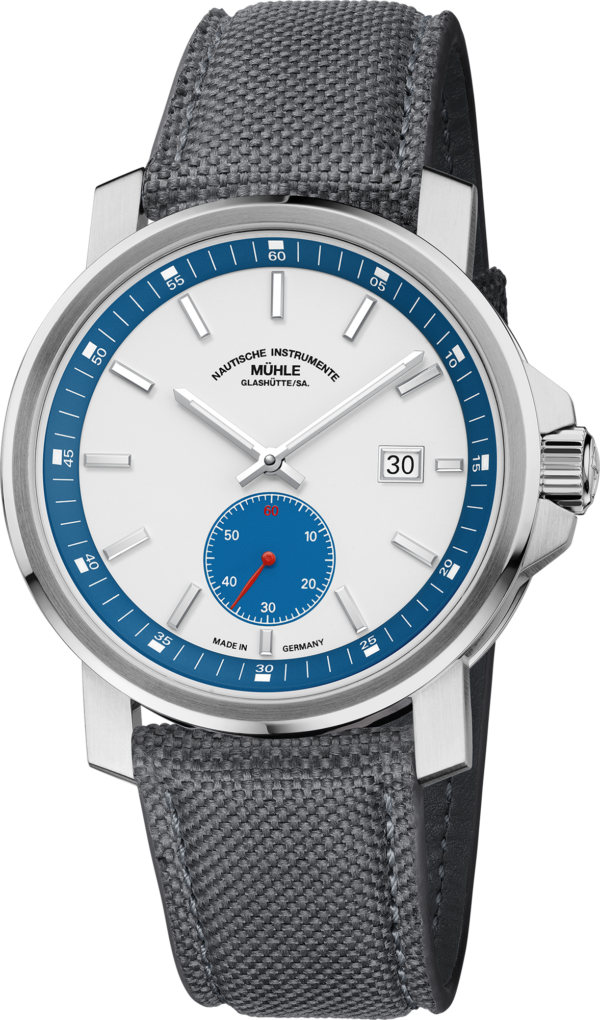 Mühle-Glashütte 29er Big Small Second with stone white and petrol dial on grey canvas strap, front view